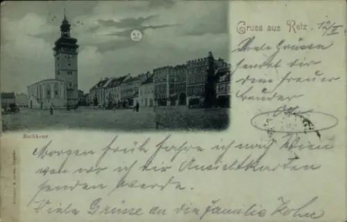 Mondschein Ak Retz Niederösterreich, Rathaus bei Nacht
