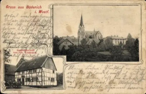 Ak Büderich Werl in Westfalen,  Gastwirtschaft von Joh. Krismann, Kirche (Ortsansicht)
