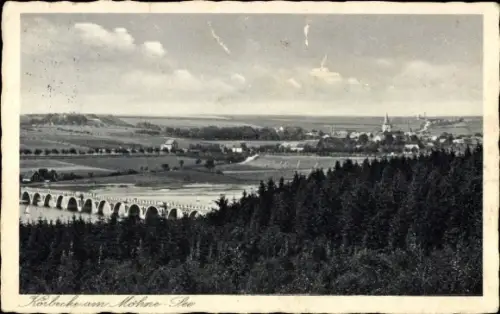 Ak Körbecke Möhnesee in Nordrhein Westfalen,  Viadukt, Dorfkirche