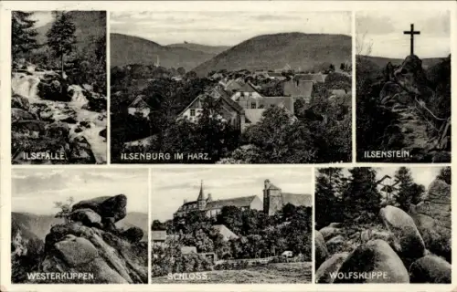 Ak Ilsenburg im Harz, Ilsefälle,  Ilsenstein, Westerklippen, Schloss, Wolfsklippe