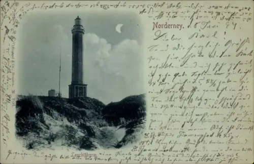 Mondschein Ak Nordseebad Norderney Ostfriesland, Leuchtturm