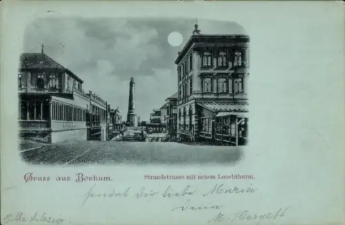 Mondschein Ak Nordseebad Borkum in Ostfriesland, Strandstraße, Leuchtturm
