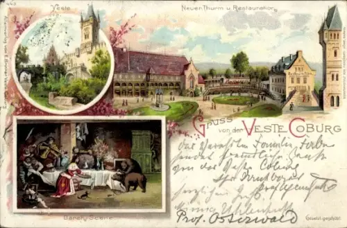 Litho Coburg in Oberfranken, Veste Coburg, Neuer Turm, Restauration, Bären-Szene