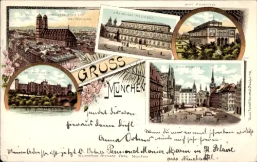Litho München, Frauenkirche, Königliche Residenz, Marienplatz, Maximilianeum