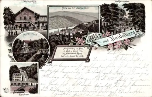 Litho Heidelberg am Neckar, Molkenkur, Bergbahn, Wolfsbrunnen
