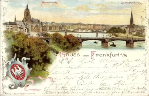 Litho Frankfurt am Main, Mainansicht, Sachsenhausen, Wappen