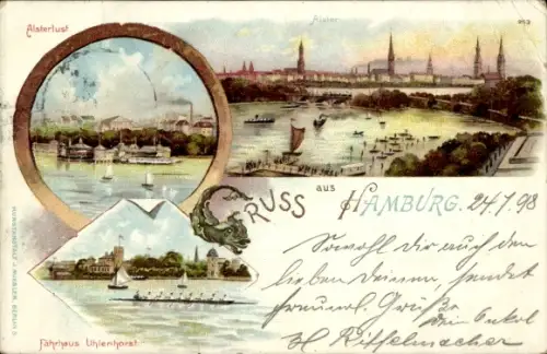 Litho Hamburg, Alsterlust, Fährhaus Uhlenhorst, Alster, Panorama