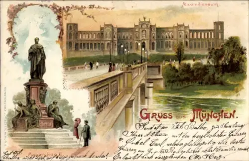 Litho München, Denkmal Maximilian II. und Blick auf das Maximilianeum