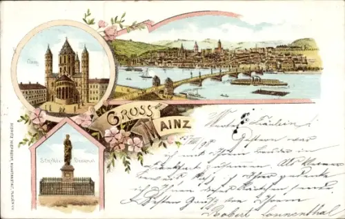 Litho Mainz am Rhein, Gesamtansicht, Dom, Schiller-Denkmal