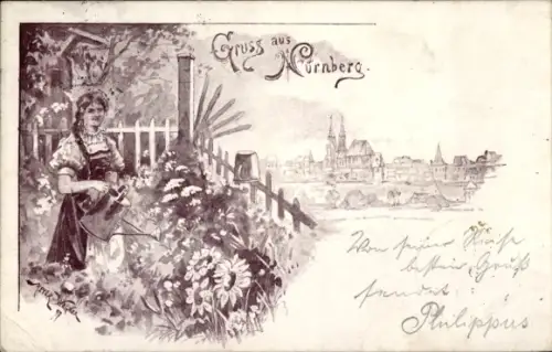 Litho Nürnberg in Mittelfranken Bayern, Garten, Frau m. Gießkanne, Stadtbild