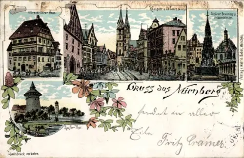 Litho Nürnberg in Mittelfranken, St. Lorenzkirche, Albrecht Dürer Haus, Frauenkirche