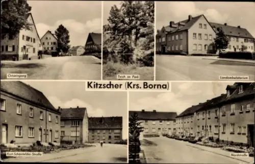 Ak Kitzscher in Sachsen, Ortseingang, Teich im Park,  Landambulatorium, Kurt Schönfelder Stra...
