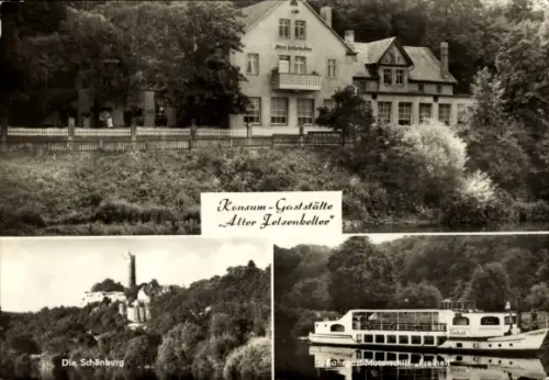 Ak Naumburg an der Saale, Konsum-Gaststätte 'Alter Felsenkeller', Die Schönburg, Fahrgast-Motorsc