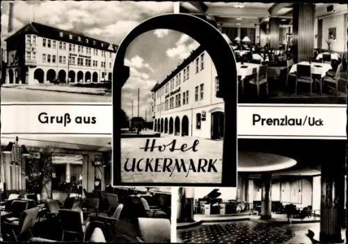 Ak Prenzlau in der Uckermark, Hotel Uckermark, Gruß aus, Stadtansicht, elegante Innenräume