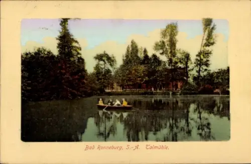 Ak Bad  Ronneburg in Thüringen,  S.-A., Calmühle, Teich mit Ruderboot
