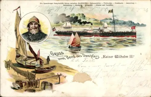 Litho Dampfer Kaiser Wilhelm II, Norddeutscher Lloyd Bremen, Schnelldampfer, Lauenburg, Seemann