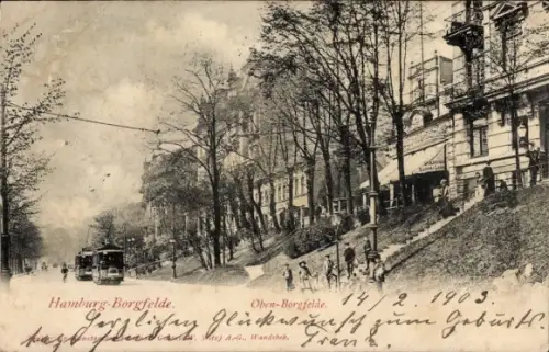 Ak Hamburg Mitte Borgfelde, Oben Borgfelde, Straßenansicht, Straßenbahnen