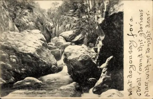 Ak Kingston Jamaika, Blick auf die Cane River Falls, Felsen
