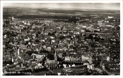 Ak Pforzheim im Schwarzwald, Luftaufnahme von  Stadtansicht, Schmuck und Uhren