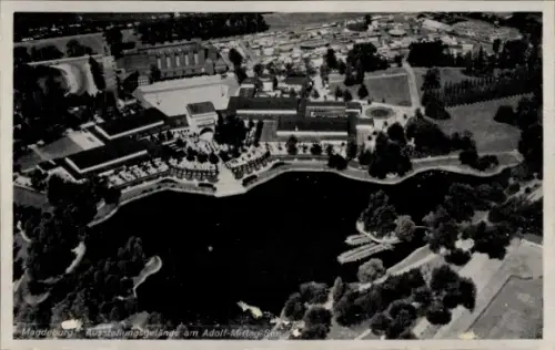 Ak Magdeburg an der Elbe, Luftaufnahme,  Ausstellungsgelände, Adolf-Mittag-See