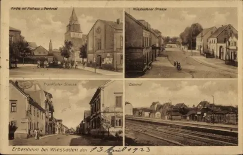 Ak Erbenheim Wiesbaden in Hessen, Bahnhof, Rathaus, Wiesbadener Straße, Frankfurter Straße, Kirche