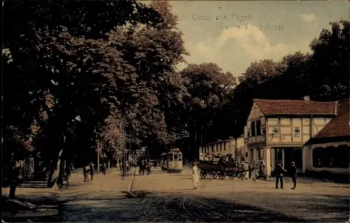 Ak Berlin Reinickendorf Tegel, Straßenpartie am Schloss, Straßenbahn