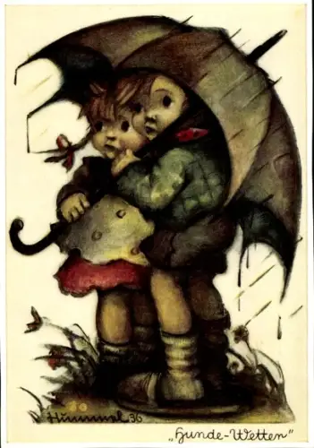 Künstler Ak Hummel, Berta, Nr. 5009, Hundewetter, Kinder unterm Regenschirm