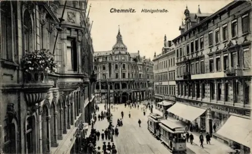 Ak Chemnitz in Sachsen,  Königstraße, Straßenbahn, Deutsche Bank