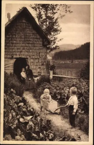 Ak Idyllen aus dem Schwarzwald, Großmütterchens Lieblinge, Kinder im Garten