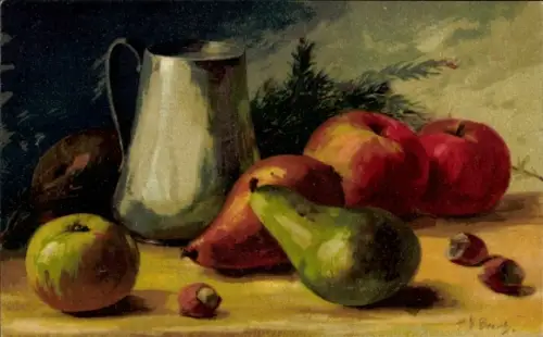 Künstler Ak Früchte, Wasserkrug, Birnen
