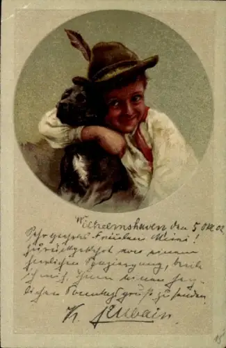 Präge Litho Junge mit Hund