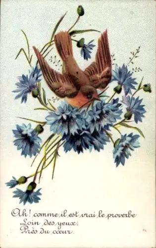Präge Ak Kornblumen, Vogel