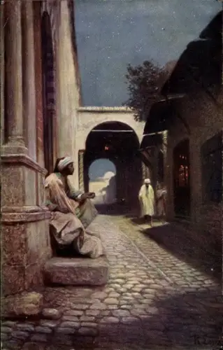 Künstler Ak Maghreb, Straße im Mondlicht