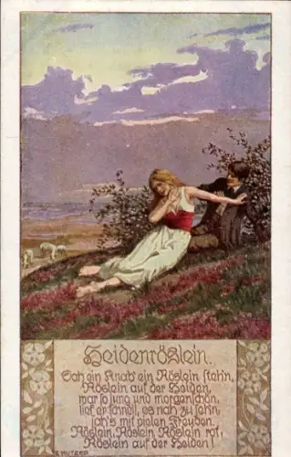 Künstler Ak Kutzer, E., Heidenröslein, Volksliederkarte Nr. 7, Liebespaar, Blumenwiese