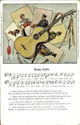Lied Künstler Ak Lattermann, Trutz Liedl, Postbote, Gitarre, Wanderstab, Wilhelm Vogel, Erzgebirge