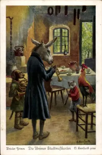 Künstler Ak Herrfurth, Oskar, Märchen, Gebrüder Grimm, Die Bremer Stadtmusikanten, Räuberhaus