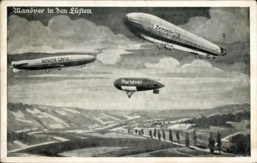Ak Manöver in den Lüften, Zeppelin, Schütte-Lanz, Parseval