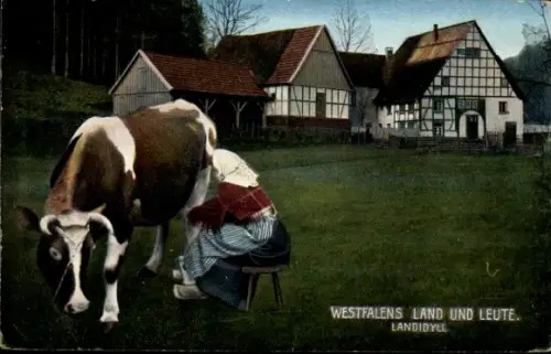 Ak Westfalens Land und Leute, Landidyll, Frau beim Melken einer Kuh