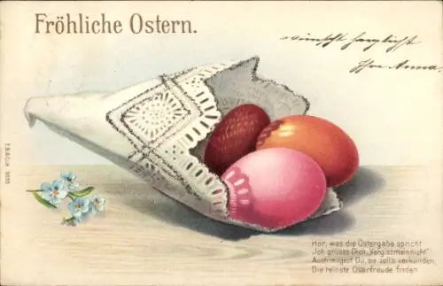 Glitzer Präge Litho Frohe Ostern, Ostereier, Vergissmeinnicht
