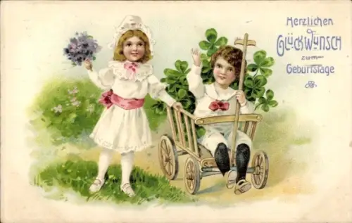 Präge Ak Glückwunsch Geburtstag, Kinder mit Handwagen, Klee