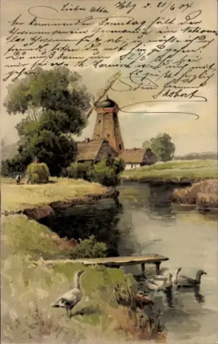 Litho Landschaft mit Windmühle, Enten am Fluss, Vom Lebenswege