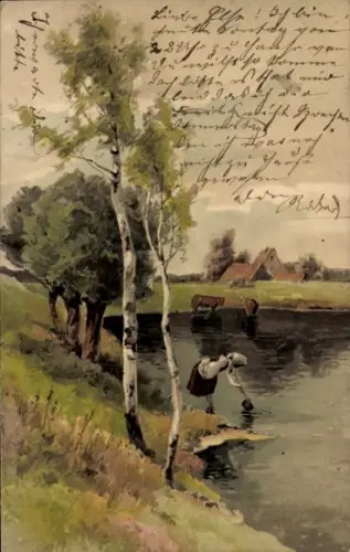 Litho Frau am Ufer schöpft Wasser, Birken, Kühe