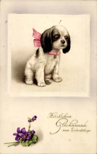 Ak Glückwunsch Geburtstag, Hund, Blumen