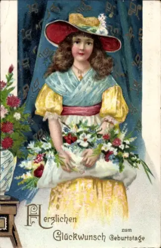 Präge Ak Glückwunsch zum Geburtstag, Mädchen mit einer Schürze voller Blumen