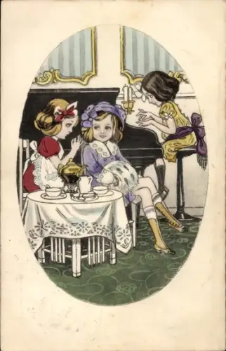 Ak Mädchen am Tisch, Kaffee, Dienstmädchen, Klavierspielerin