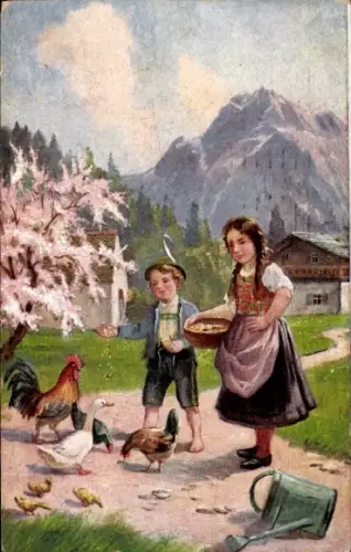 Ak Kinder füttern Hühner, Küken, Gießkanne