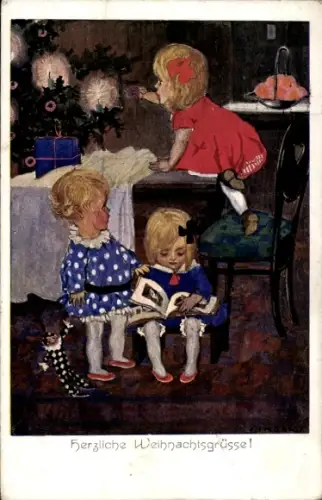 Ak Glückwunsch Weihnachten, Kinder, Tannenbaum, Geschenk