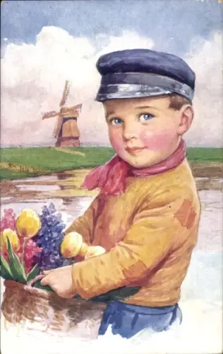 Künstler Ak Feiertag, K., Junge in niederländischen Trachten, Portrait, Blumenkorb, Windmühle