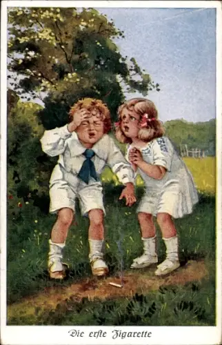 Künstler Ak Die erste Zigarette, Kinder