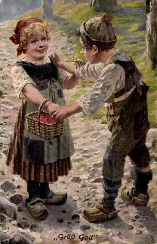Künstler Ak Schmidt, Hans W., Grüß Gott, zwei Kinder